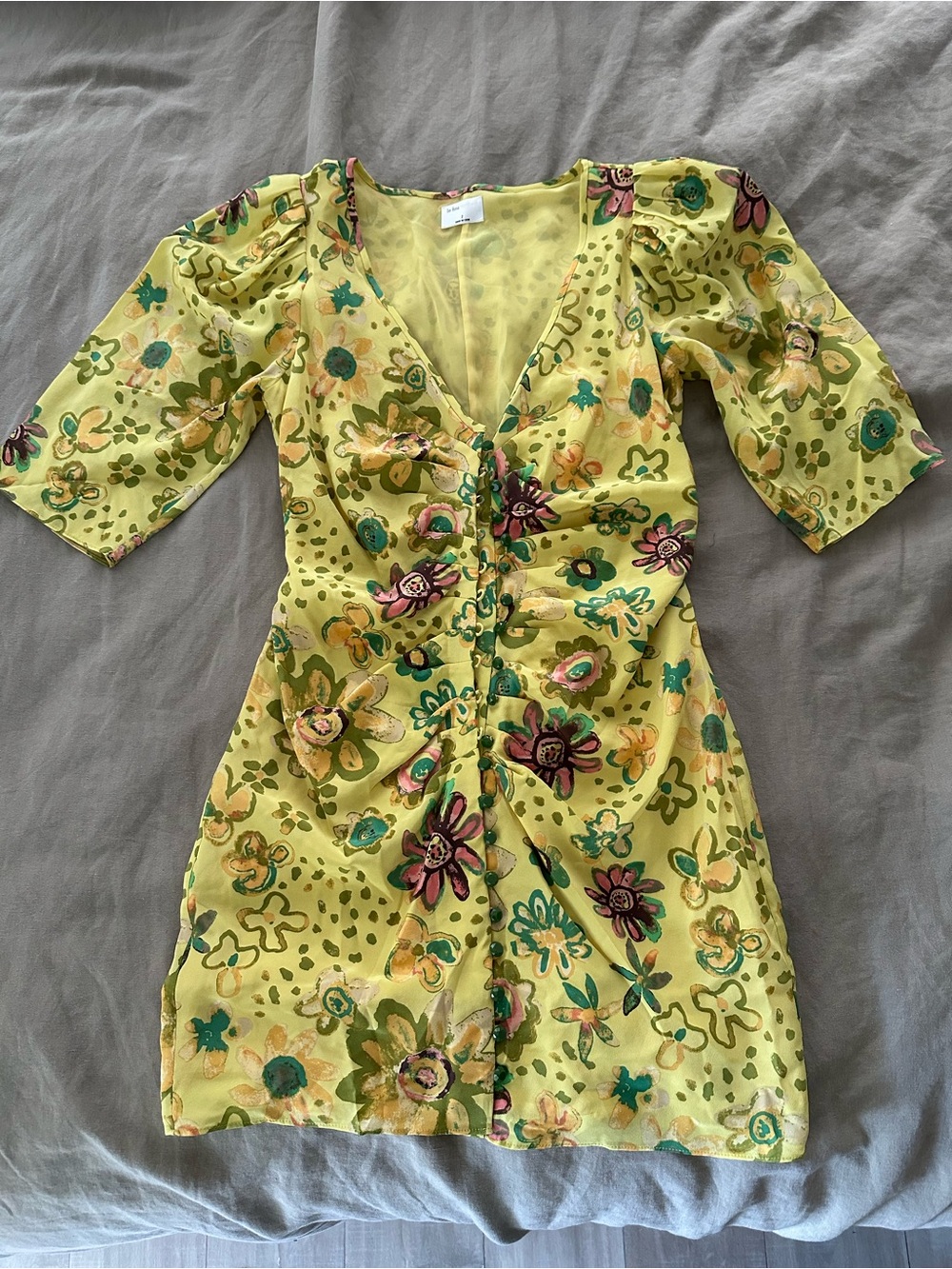 Aritzia Lemon Floral V-Neck Mini Dress with Multicolor Print